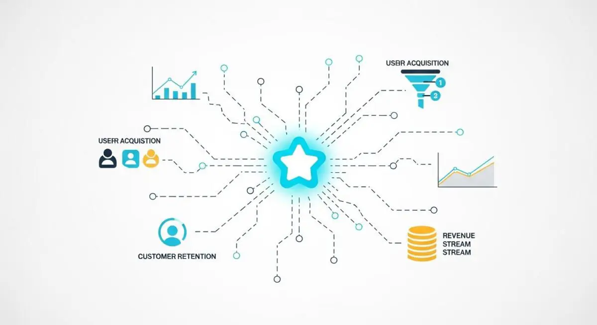 Diagram illustrating user acquisition, retention, and revenue streams converging on a central star, representing the North Star Metric.