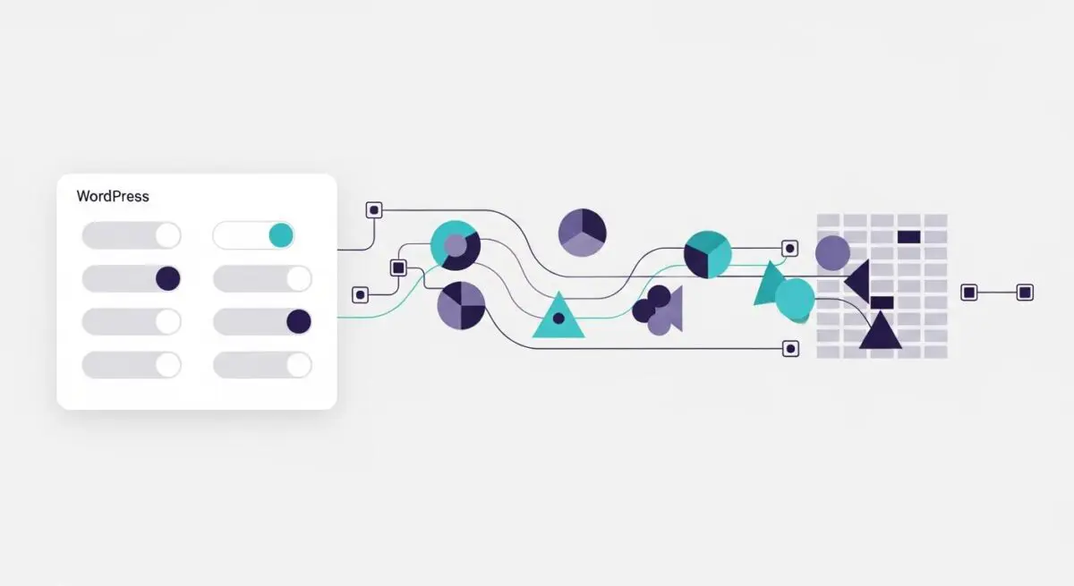 WordPress interface controls directing data flow with shapes, illustrating Object Relational Mapping.