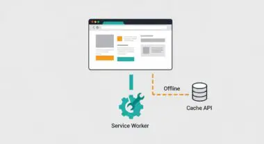 Illustration showing a service worker connecting to a cache API, enabling offline capability for a web page.