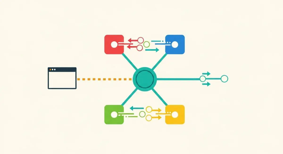 Diagram illustrating Omnichannel Sync with data flowing from a web interface to a central hub connected to multiple colored nodes.