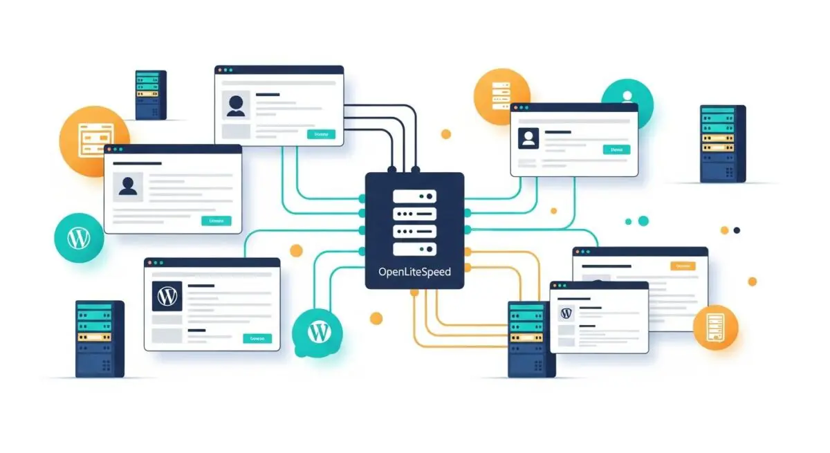 Diagram showing OpenLiteSpeed connecting various web servers and WordPress instances.