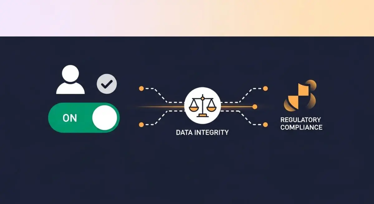 A toggle switch set to 'ON' signifies the activation of a process connecting data integrity to regulatory compliance.