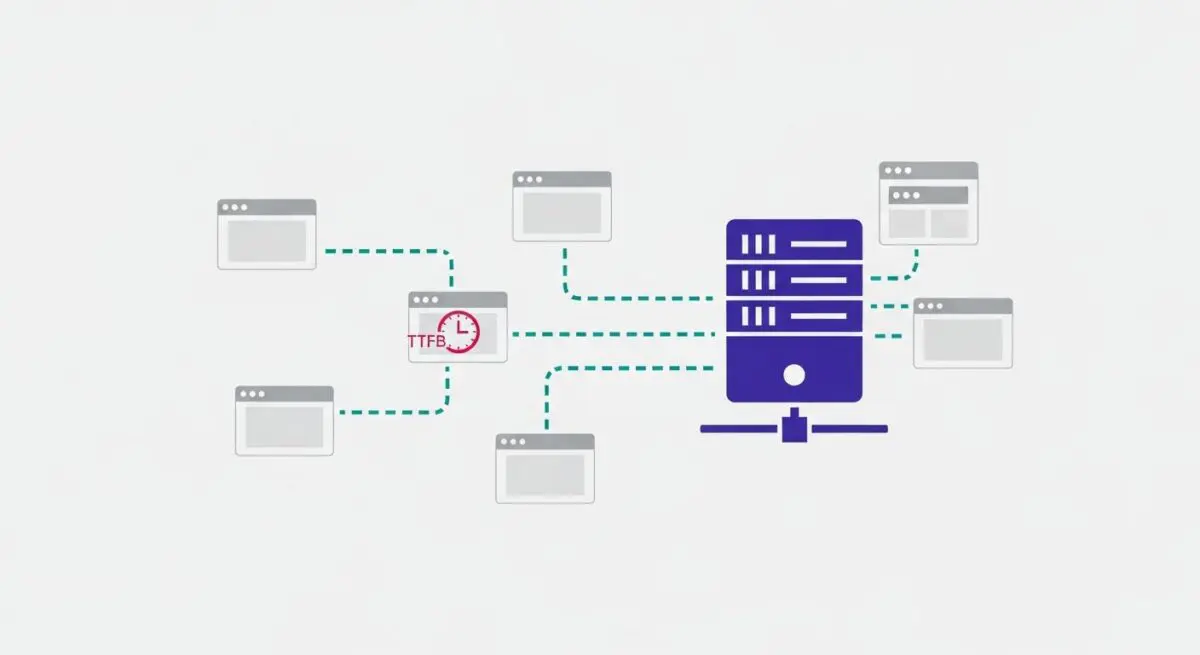 Illustration of a central server connecting to multiple browser windows, representing the origin server's role.