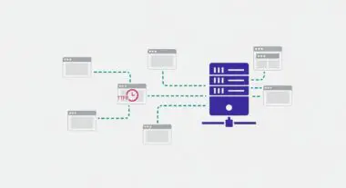 Illustration of a central server connecting to multiple browser windows, representing the origin server's role.