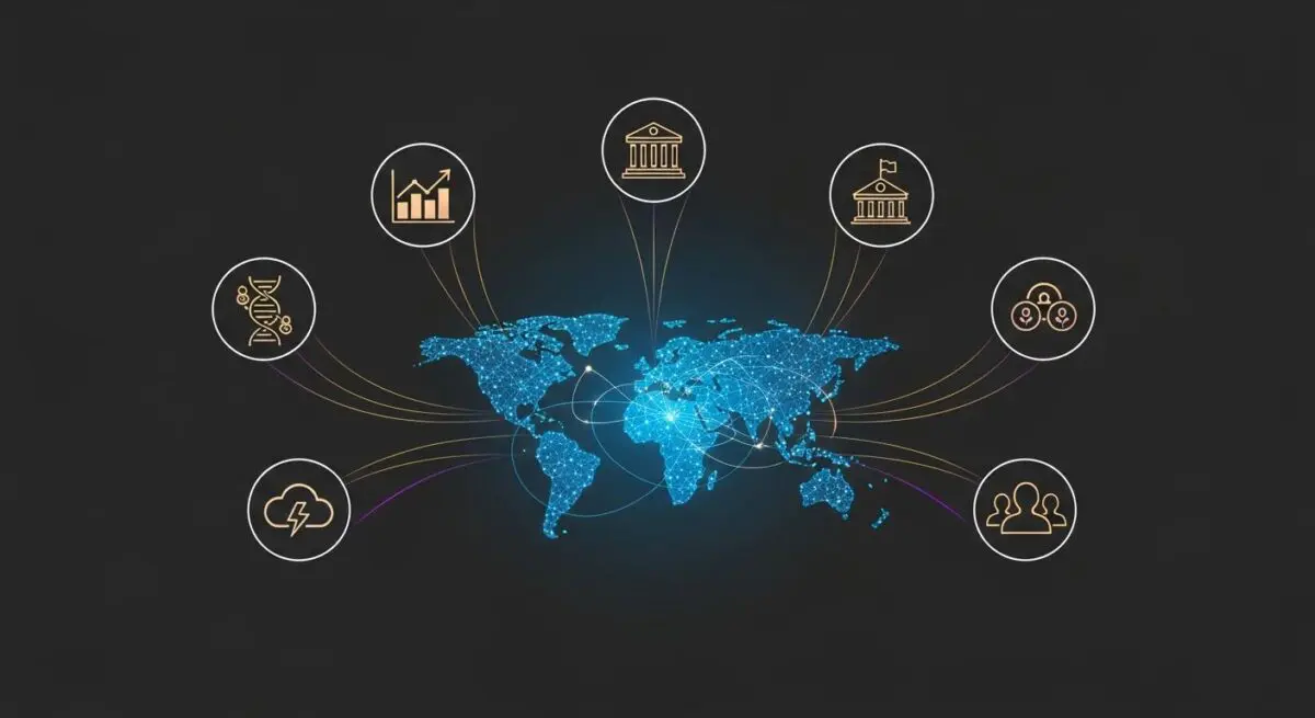 Global business factors PESTLE analysis with icons for political, economic, social, technological, legal, and environmental trends.