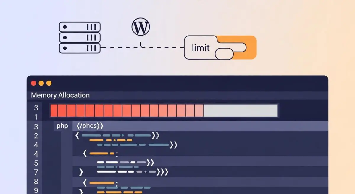 Illustration showing server resources and a 'limit' indicator connected to a WordPress logo, representing PHP memory limit.