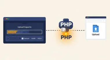 Progress bar showing upload capacity, with PHP logos connecting to an upload icon. Illustrates post max size settings.