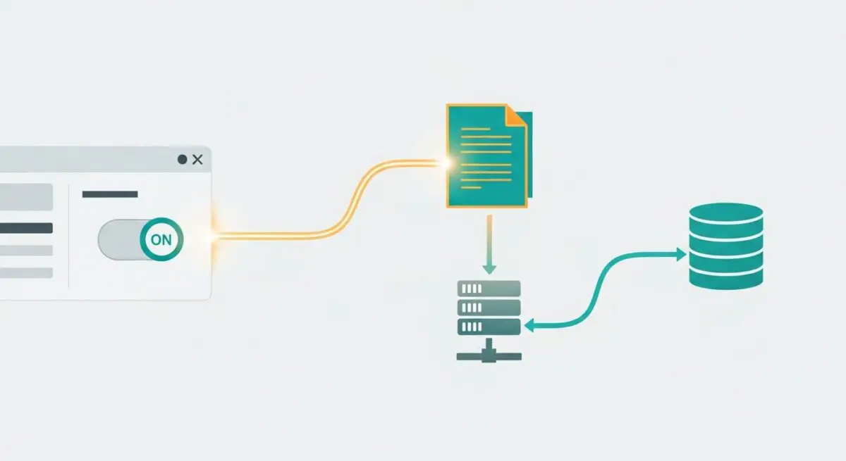 Toggle switch indicating 'ON' for page caching process with data flowing to server and database.