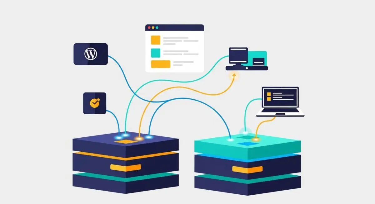 Diagram showing WordPress and data flow between two server stacks, representing Pantheon.