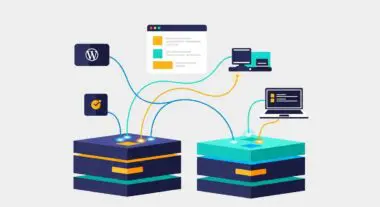 Diagram showing WordPress and data flow between two server stacks, representing Pantheon.