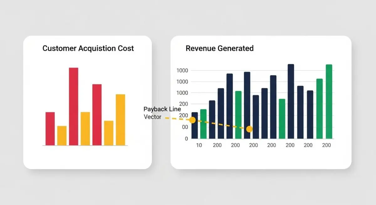 Bar charts showing customer acquisition cost and revenue generated, with a dashed line indicating the payback period.