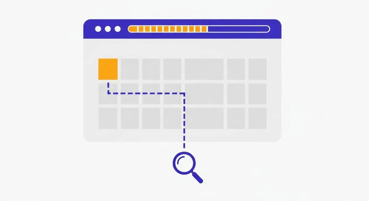 A magnifying glass tracking a loading bar on a website, illustrating Perceptual Speed Index.