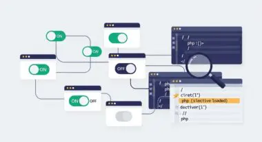 Diagram showing multiple toggles in ON and OFF states, connected to code snippets being analyzed with a magnifying glass, representing Perfmatters.
