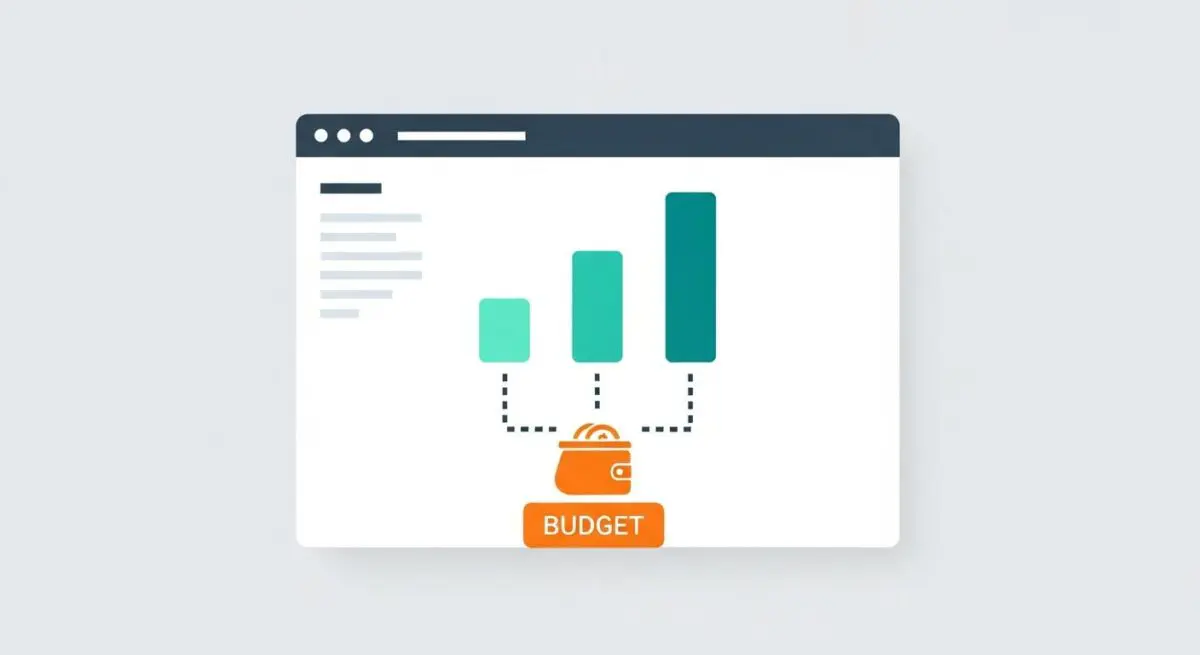 A wallet labeled 'Budget' connected to a bar chart, illustrating a performance budget.