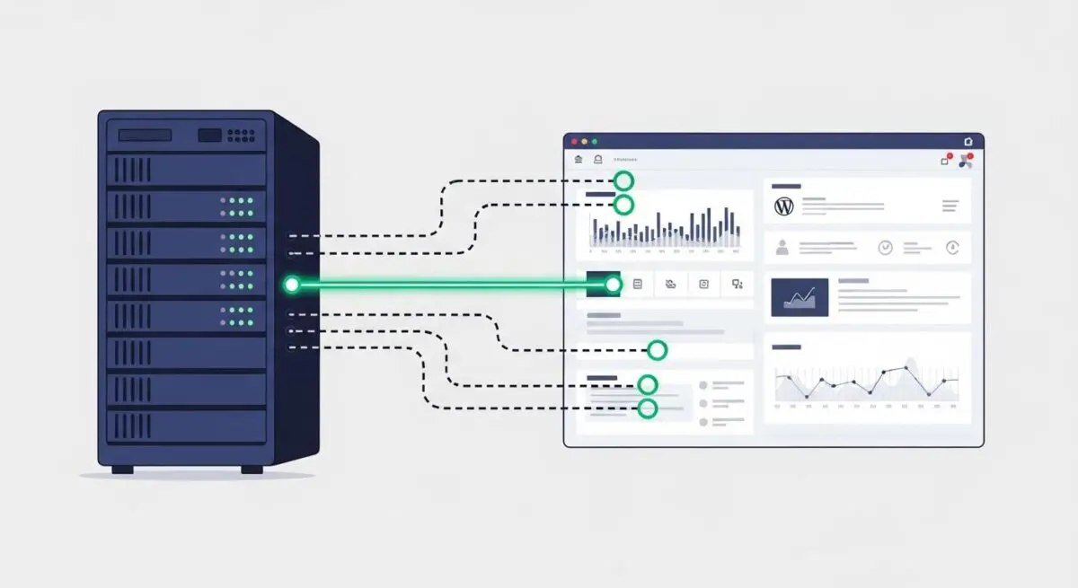 Server rack connecting to a dashboard showing analytics, illustrating a persistent connection.