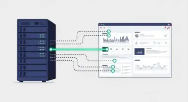 Server rack connecting to a dashboard showing analytics, illustrating a persistent connection.