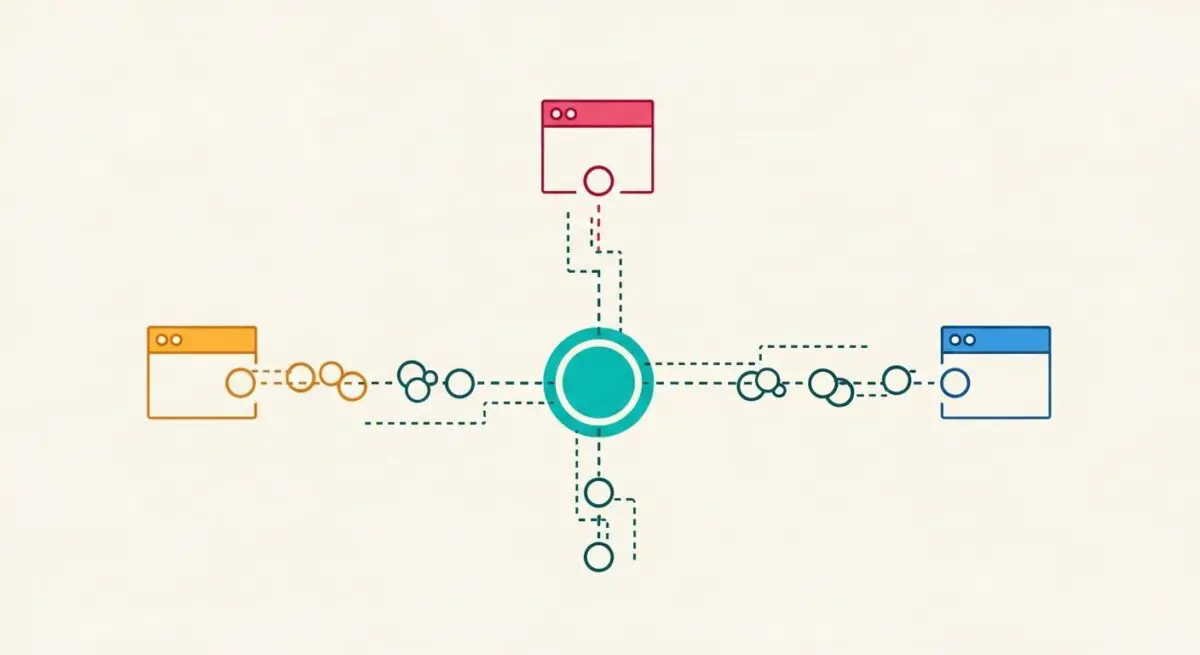 Diagram showing a central hub connecting to multiple web page icons, illustrating a personalization engine at work.