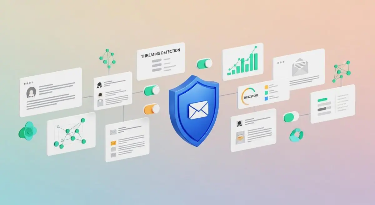 A blue shield with an envelope icon symbolizes security for testing employees using phishing simulations.