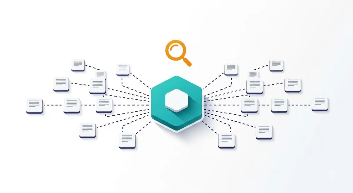 Central hub with connected nodes, representing a Pillar Page / Cornerstone Content strategy. By Andres SEO Expert.