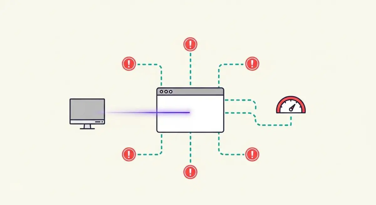 Diagram showing a computer sending data to a web page, surrounded by exclamation marks and a speed gauge, representing Pingdom monitoring.