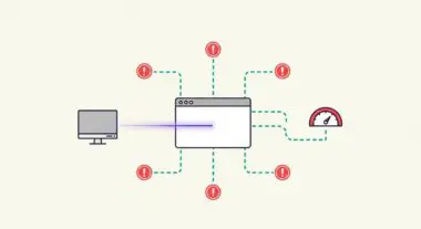 Diagram showing a computer sending data to a web page, surrounded by exclamation marks and a speed gauge, representing Pingdom monitoring.