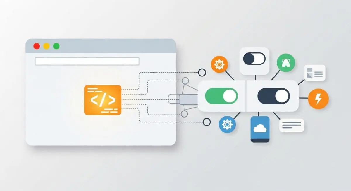 Diagram showing a browser window with code icon connecting to toggles and icons representing features, illustrating a polyfill.