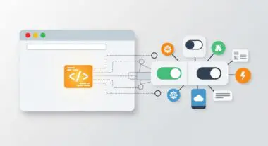 Diagram showing a browser window with code icon connecting to toggles and icons representing features, illustrating a polyfill.