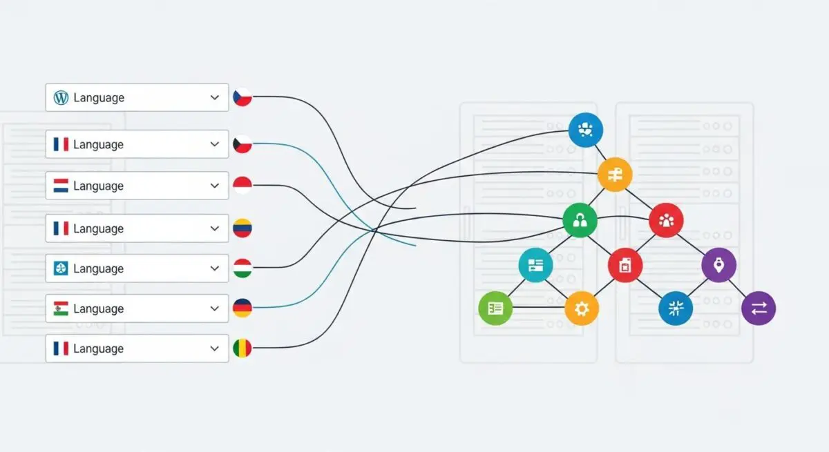 Visual representation of Polylang managing multiple language options connected to server icons.