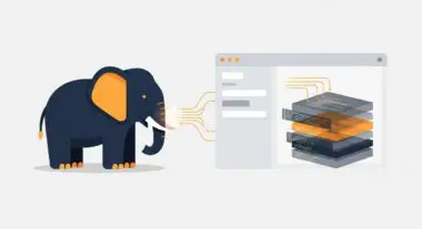 Stylized elephant connecting to a data stack visualization, representing PostgreSQL.