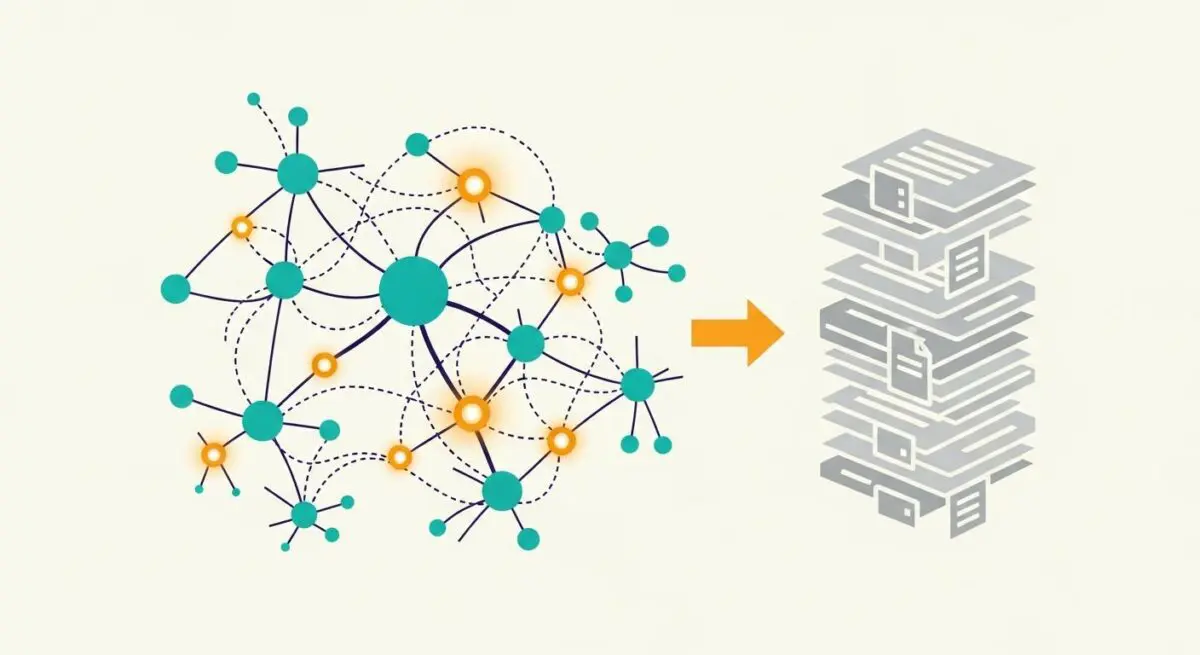 Abstract network of nodes transforming into a structured stack of documents, illustrating pre-training.