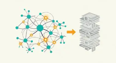 Abstract network of nodes transforming into a structured stack of documents, illustrating pre-training.