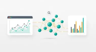 Abstract visualization showing data flow connecting line graphs and bar charts, representing predictive analytics.