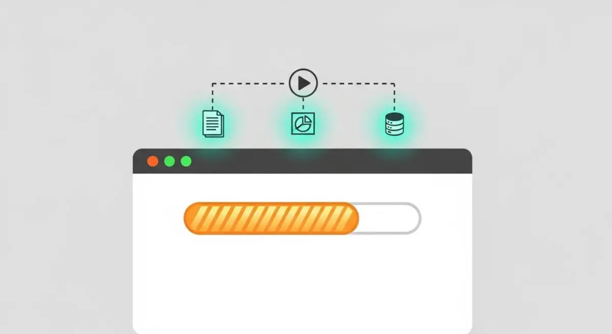 A loading bar and icons representing data, analytics, and a database, illustrating website preload processes.