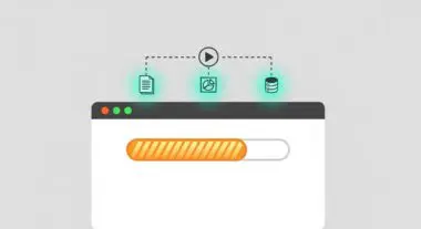 A loading bar and icons representing data, analytics, and a database, illustrating website preload processes.