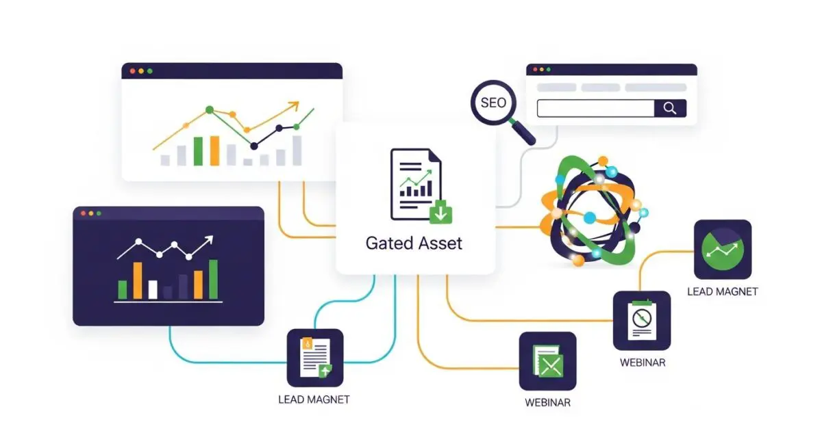 Diagram showing a gated asset connected to lead magnets and webinars, illustrating premium content strategy.