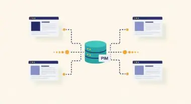 Centralized database labeled PIM connecting to multiple website interfaces, illustrating Product Information Management.