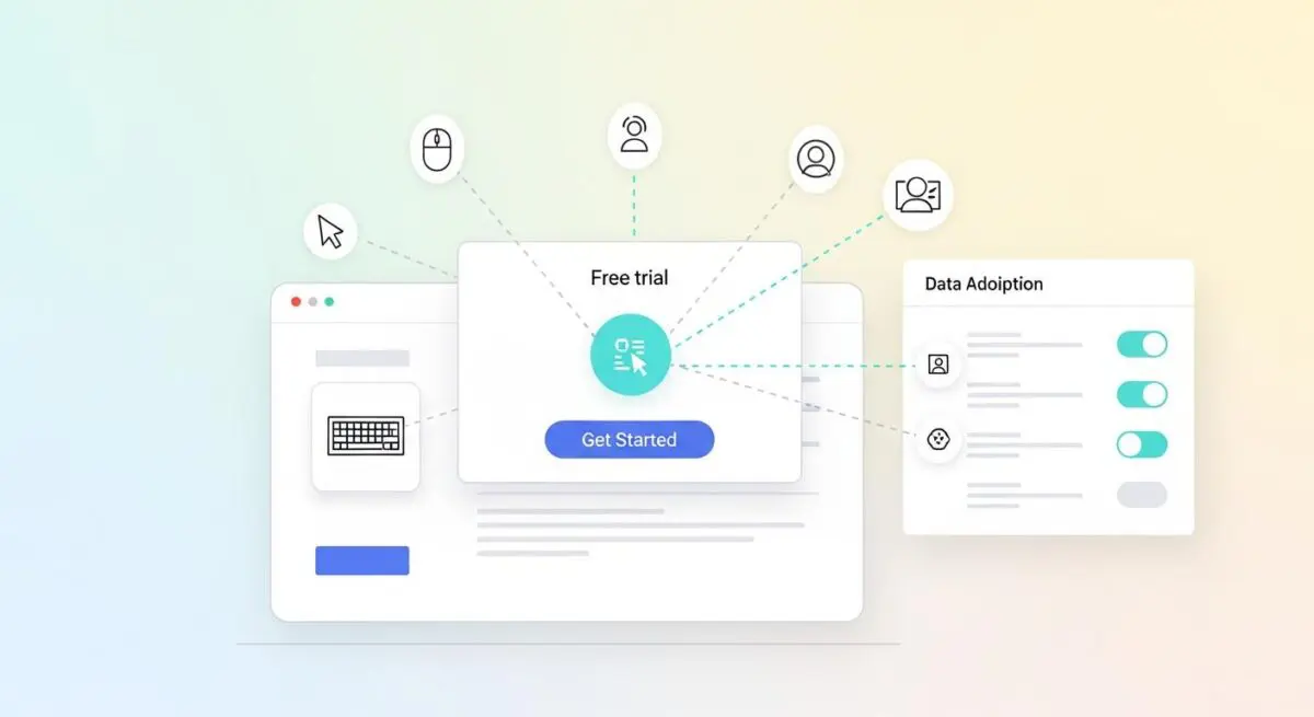 Product-Led Growth strategy with free trial and data adoption components visualized.