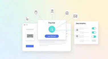 Product-Led Growth strategy with free trial and data adoption components visualized.