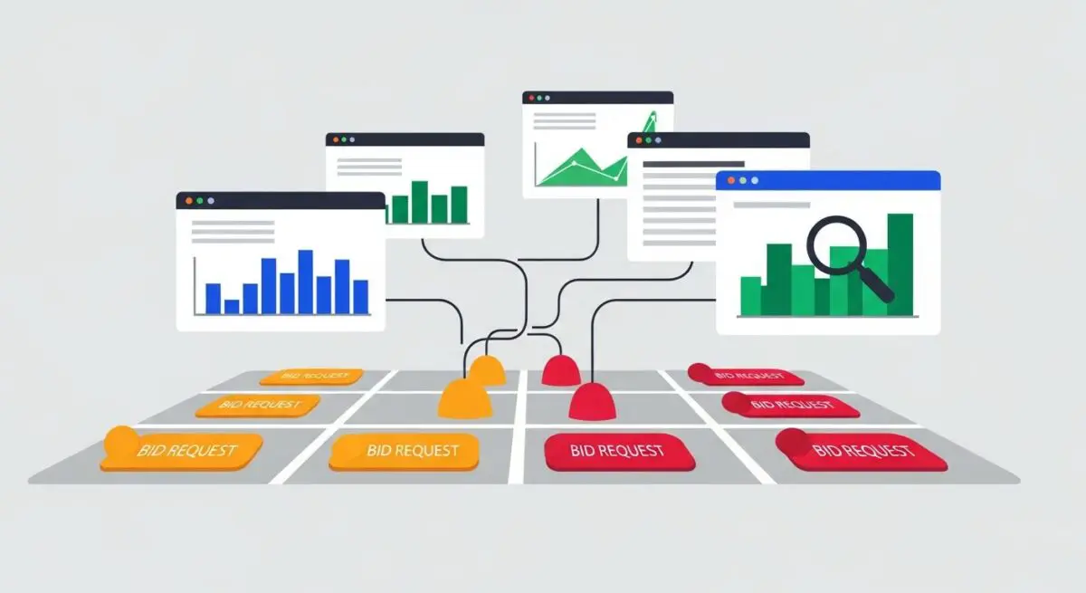 Flowchart showing bid requests from multiple data dashboards, illustrating programmatic advertising.