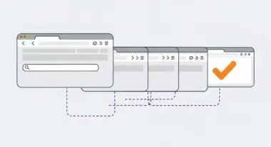 Illustrating prompt chaining with sequential browser windows progressing to a checkmark.