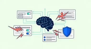Brain icon connected to interfaces, some showing threats, one a shield, illustrating prompt injection protection for AI.