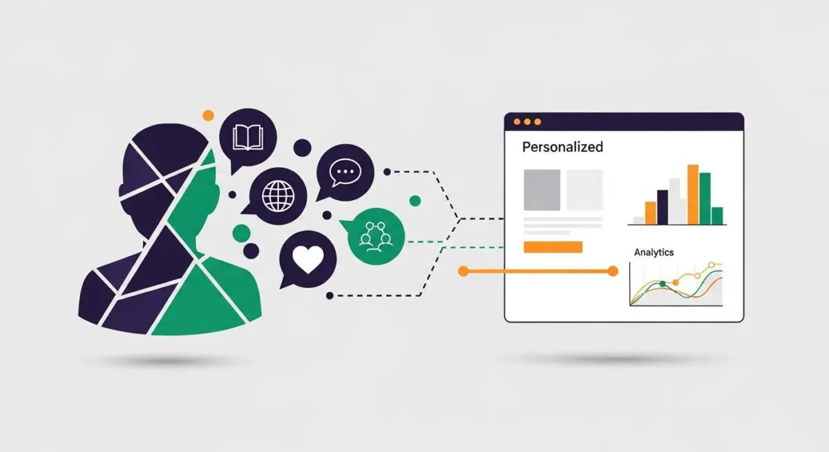 Abstract human silhouette connected to a screen showing analytics, representing psychographic segmentation.