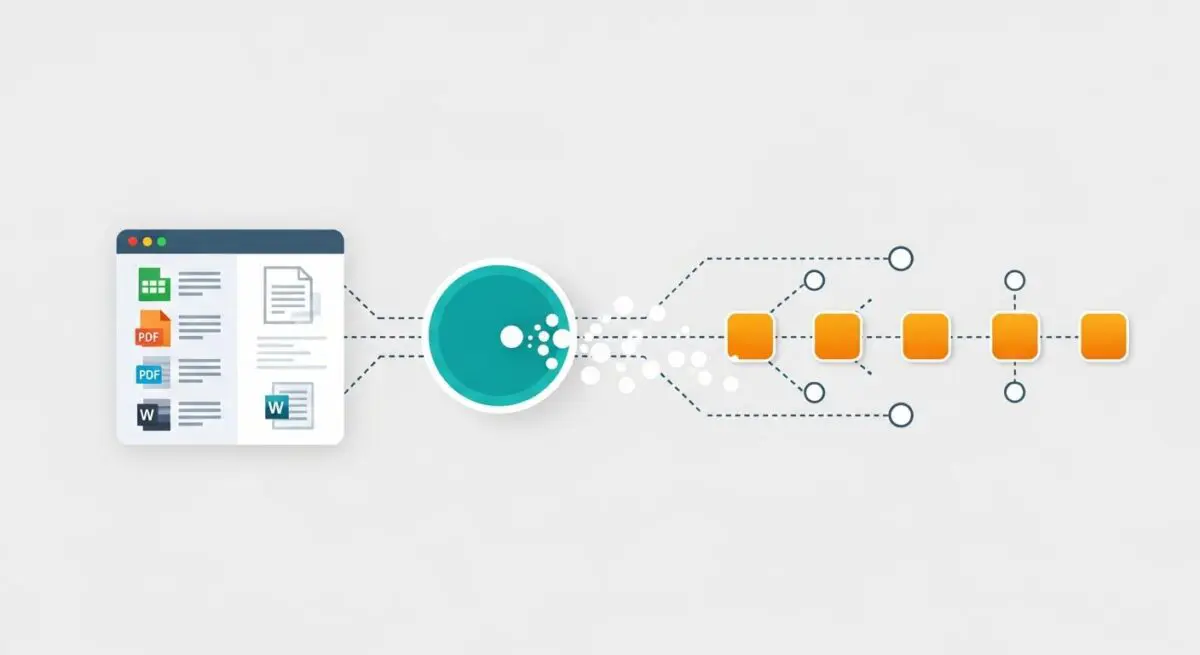 Conceptual graphic illustrating purchase order automation flow, showing documents entering a system and proceeding through a process. By Andres SEO Expert.
