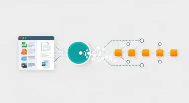 Conceptual graphic illustrating purchase order automation flow, showing documents entering a system and proceeding through a process. By Andres SEO Expert.