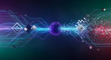 Conceptual visualization of quantum computing's impact on cybersecurity, showing data flow and disruption.