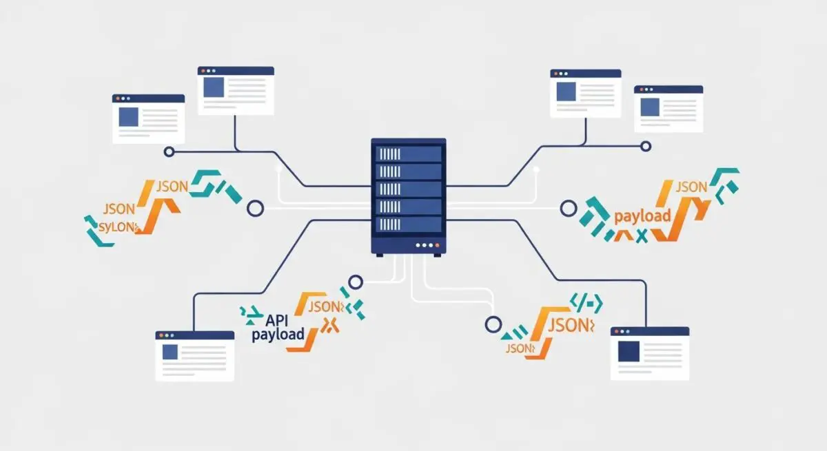 Diagram illustrating RESTful architecture with a central server connected to multiple web interfaces and data payloads.