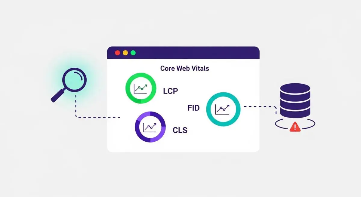 Diagram illustrating Core Web Vitals (LCP, FID, CLS) monitored by a magnifying glass and connected to a database with a warning symbol, representing Raygun's performance insights.