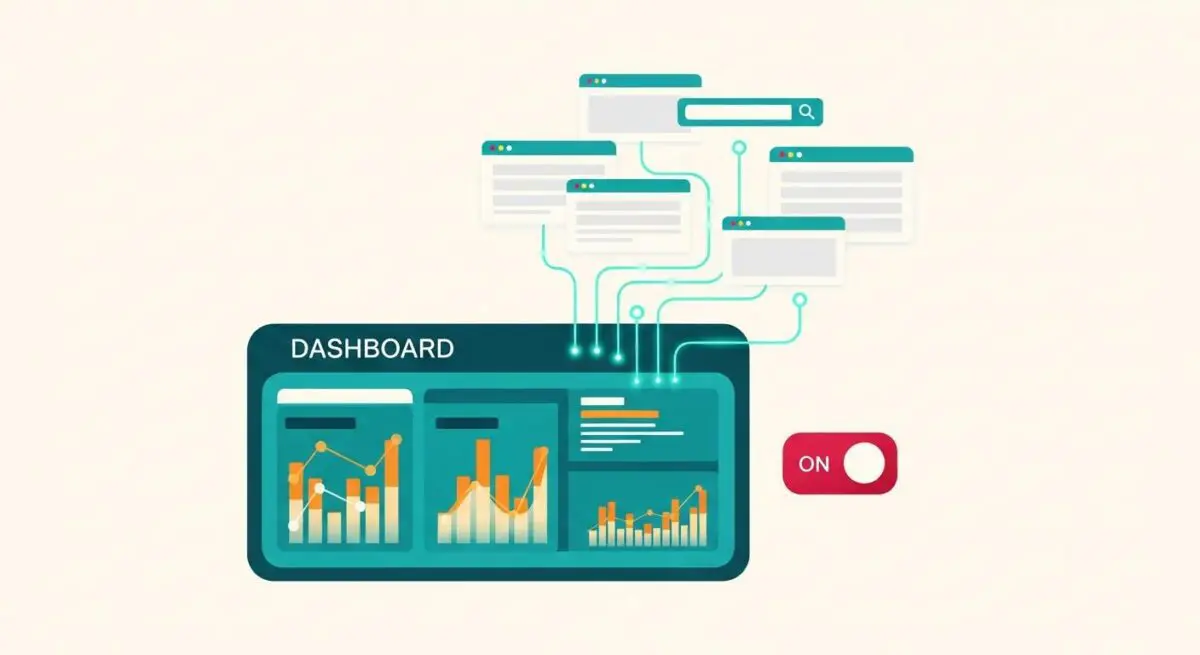 Dashboard displaying charts and graphs, connected to multiple browser windows, symbolizing real-time analytics.