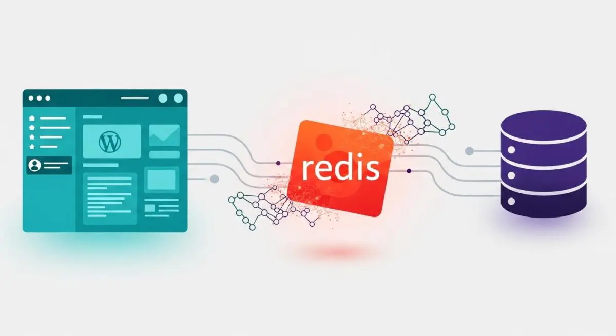 Diagram illustrating the connection from a WordPress interface to Redis Object Cache and then to a database.