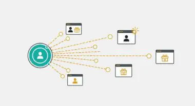 Abstract graphic showing a central person icon connected to multiple icons representing people and gifts, illustrating a referral program.